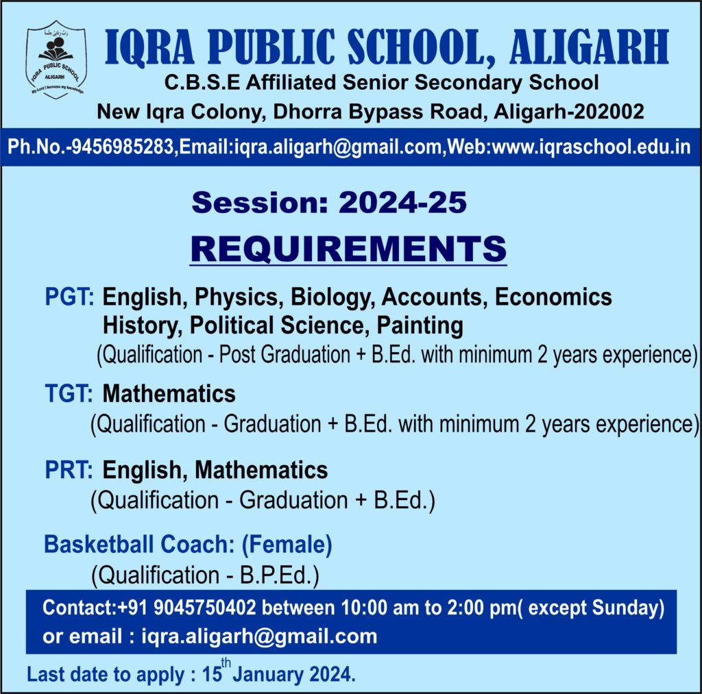 Job Openings – IQRA Public School, Aligarh